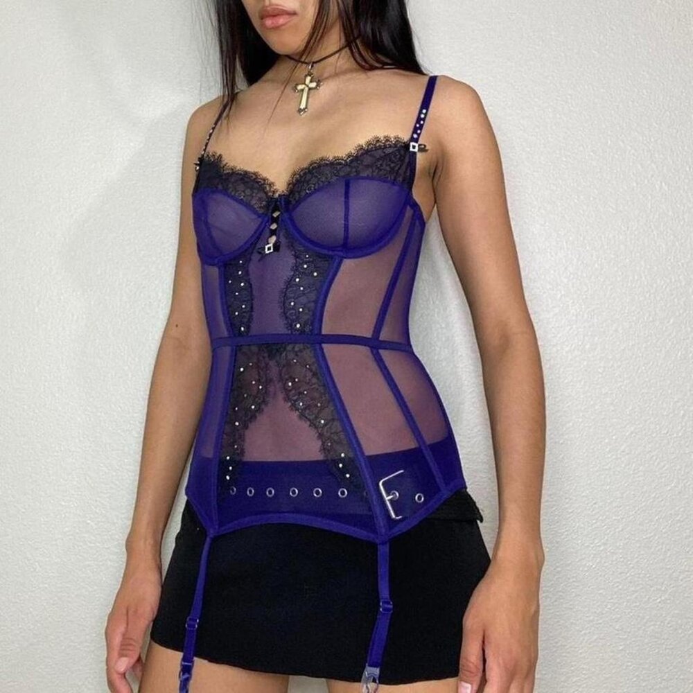 Y2K VICTORIAS SECRET PURPLE MESH RHINSTONE BUSTIER TOP